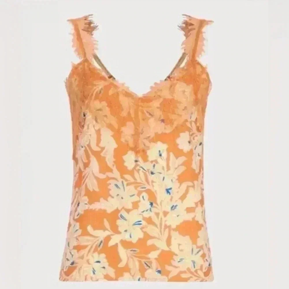Sam Edelman Palmer Lace Accent Tank Top Apricot Orange Floral Large NWT